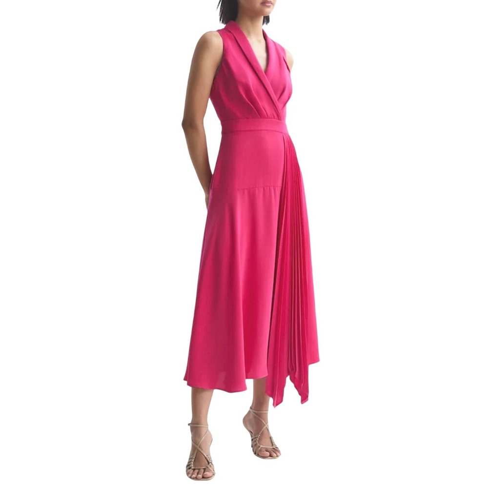 Reiss Dress Claire Pink Belted Pleat Midi Size US 6 Sleeveless New